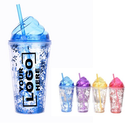 16 Oz Double Wall Ice Cream Bottle with Lid and Straw