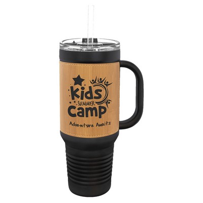 Polar Camel 40 oz. Black with Bamboo Laserable Leatherette Travel Mug with a Handle, Strw Inc