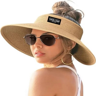 Wide-Brimmed Roll-Up Ponytail Straw Beach Hat