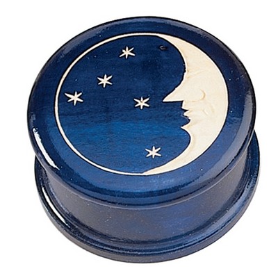 Celestial Dark Blue Round Box Man In Moon & Stars (3 7/8"x2")