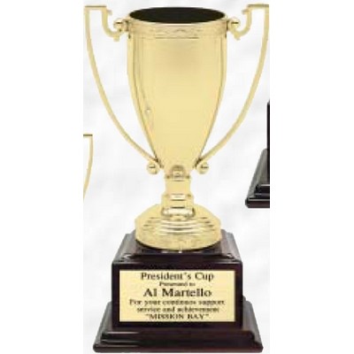 13 3/4" Gold Loving Trophy Cup w/ Mahogany Piano Finish Wood Base