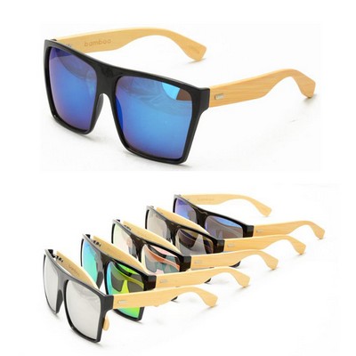 Fame II Oversize Square Bamboo Sunglasses with Color Mirror Lens