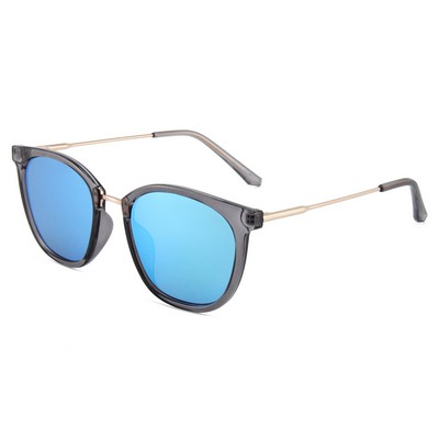 Sunglasses - Blue Mirror Lenses - Clear Gray Frames - Gold Temples