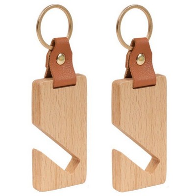 Wood Phone Stand Keychain w/ Leather Strap