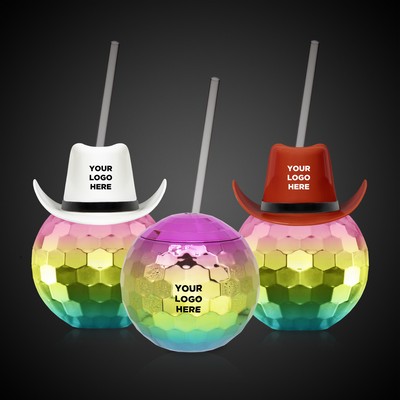 Disco Ball Cup Rainbow w/Straw and Brown Hat(not assembled)(Imprintable)