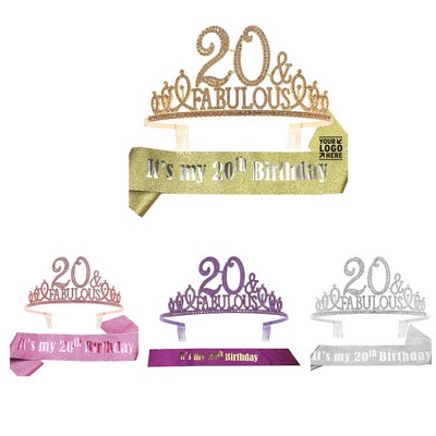 Women's 20th Birthday Gift Set with Glitter Sash and Tiara