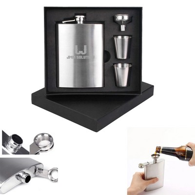 8 Oz Hip Flask Gift Box Set