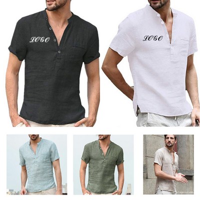 Solid Color Stand Up Collar Half Open Thin Short Sleeved Shirt Top