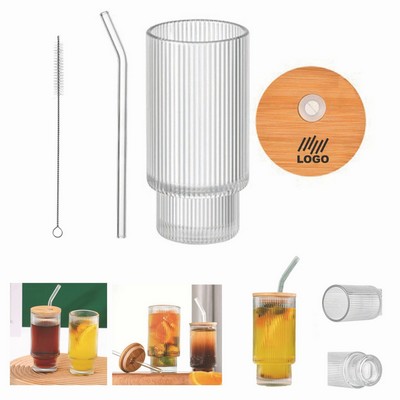 Ribbed Drinking Glasses With Lids And Straws