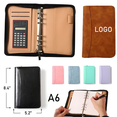 A6 PU Leather Executive Zippered 6-Ring Binder Portfolio w/Calculator & Card Organizer