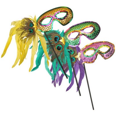 Mardi Gras Feather Mask w/10" Stick