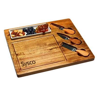 Celtic Acacia Cheese Board with Ceramic Dish & Knife Set