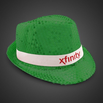 Green Sequin Fedora Hat w/Silk Screened White Band