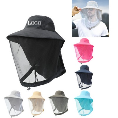 Wide Brim Bucket Hat with Head Net Mesh