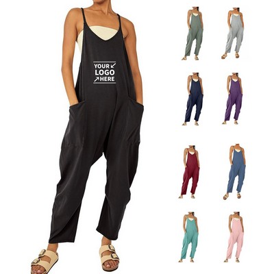 Womens Casual Sleeveless Loose Adjustable Jumpsuits