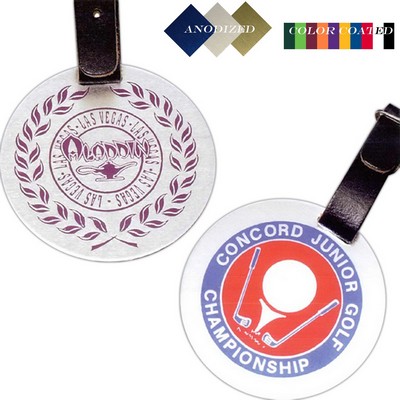 1.75" Round Aluminum Luggage /Golf Bag Tag with an Epoxy Screen Printed imprint. Made in the USA.