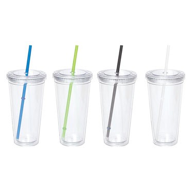 24 Oz. Double Wall Clear Acrylic Cup w/Color Straw