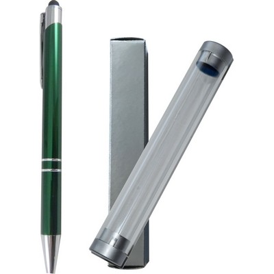 JJ Series Green Double Ring Pen with Stylus, green pen, stylus pen, in clear tube gift box