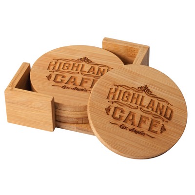 Bamboo 4-Piece Round Coaster Set with Holder