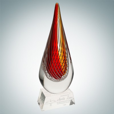 Art Glass Red Orange Narrow Teardrop Award w/ Clear Base