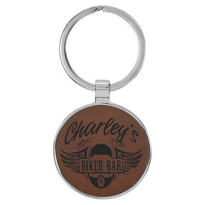 1.5" Leatherette/Metal Dark Brown Round Keychain