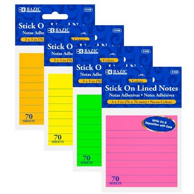 Lined Sticky Notes - 70 Sheets, 3 x 3, Neon (Case of 288)