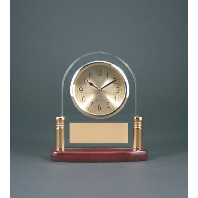 6.5" Arch Glass Desk Clock w/ Posts & Rosewood Piano Finish