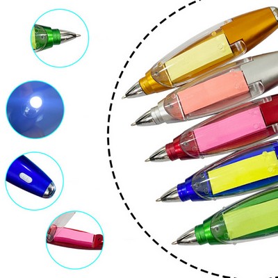 Functional Ball Point Pen with Sticky Notes/Flashlight