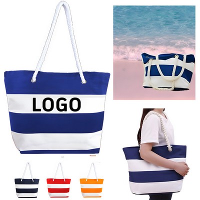 Large Sandproof Coastline Striped Patchwork Cotton Beach Tote Bag w/Chunky Weave Handles