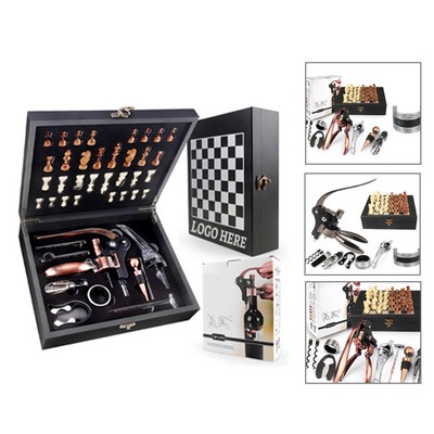 Black Wooden Box Wine Accessories with Chess Set