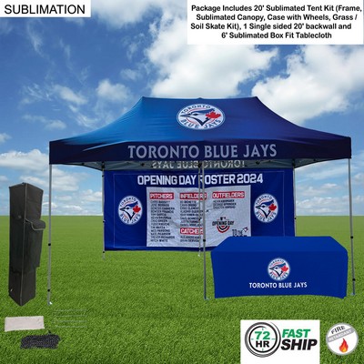 72 Hr Fast Ship - Deluxe Event Package, 20' Sublimated Tent, 20' backwall, 6' Box Fit Tablecloth