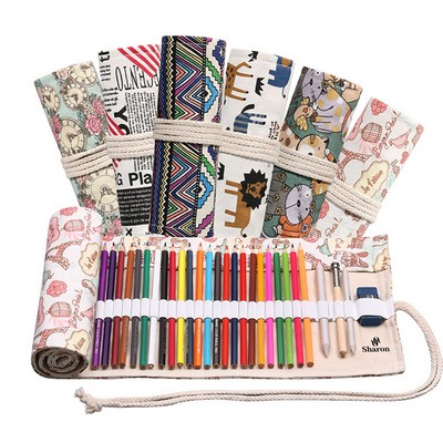 Canvas Colored Pencil Case Roll Storage Bag