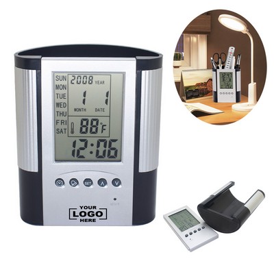 Digital Alarm Clock with Pen Holder and LCD Display