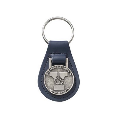 Small Tear Top Grain Leather Key Tag w/ Metal Medallion Key Fob