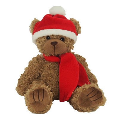 8" Brown Curly Bear Stuffed Animal w/Red Winter Hat & Scarf