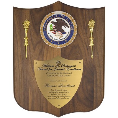 Walnut Veneer Shield Department of Justice Plaque (10 ½" x 13 ¼")