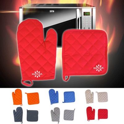 One Set Oven Mitt Anti-scalding Heat Resistant Polyester-Cotton Blended Glove W/Square Pot Holder