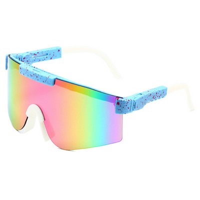 Goggle Sunglasses - Pink Mirror Lenses - Blue and Red Paint Splatter Frames