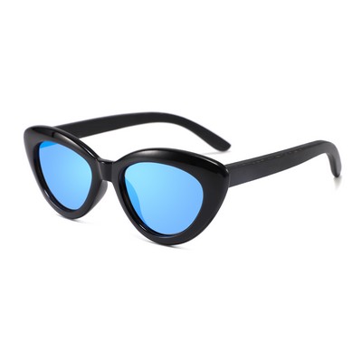 Wooden Sunglasses - Black Frames & Blue Mirror Lenses