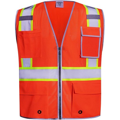 10 Pockets Safety Vest, Class 2 High Visibility Security w/Reflective Strips, ANSI/ISEA