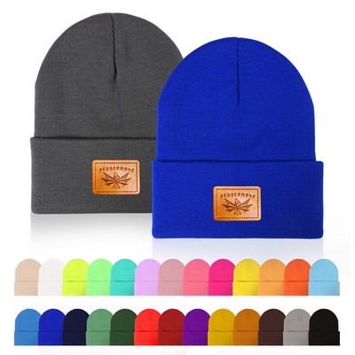 Knit Beanie w/ PU Leather Patch