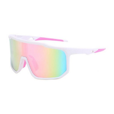 Goggle Sunglasses - Rainbow Mirror Lenses - White and Pink Frames