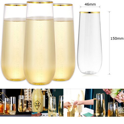 9 OZ Stemless Plastic Champagne Flute Gold Rimmed Cup