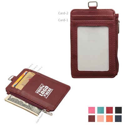 PU Leather Card Holder w/Zippered Pocket