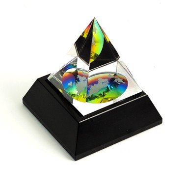 Crystal Etched World Globe Pyramid on Black Base (Screen Imprint or Laser)