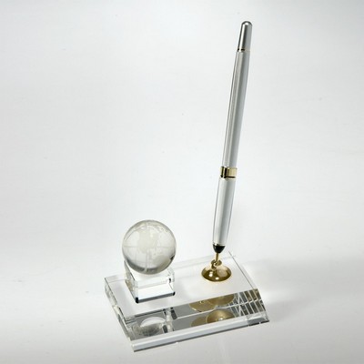 Awards-Crystal Globe Pen Set w/ Silver Pen.2-3/4 inch high