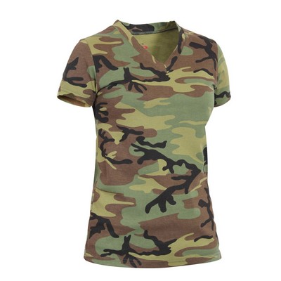 Womens Woodland Camo V-Neck Long Length T-Shirt