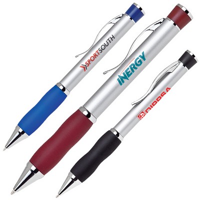 Aluminum Twist Action Ballpoint Pen w/ Silver Enamel Coating & Rubber Grip