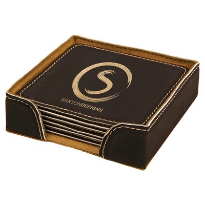 Black/Gold Leatherette Square Coaster Set