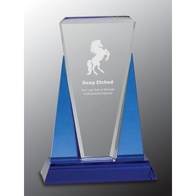 6" x 8 1/2" Blue/Clear Wedge Crystal Award on Blue Pedestal Base